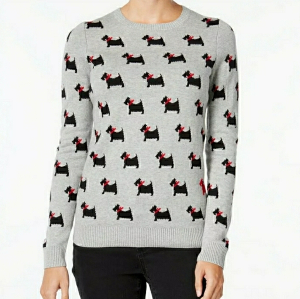 Charter Club Scottie Dog Knit Sweater Gray Black with Red Bow Women's Size SP